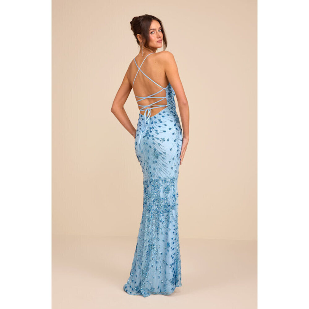 Lulus Photo Finish Light Blue Sequin Lace-up Maxi Dress - Size XS